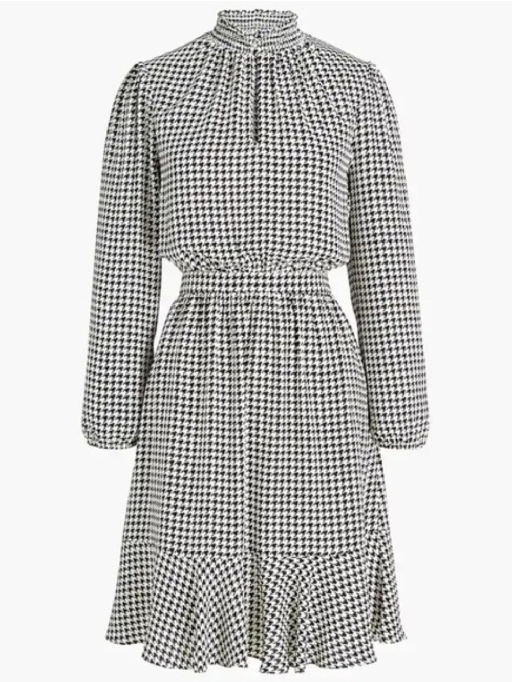 J. Crew Black & White Houndstooth High-Neck Long-Sleeve Dress